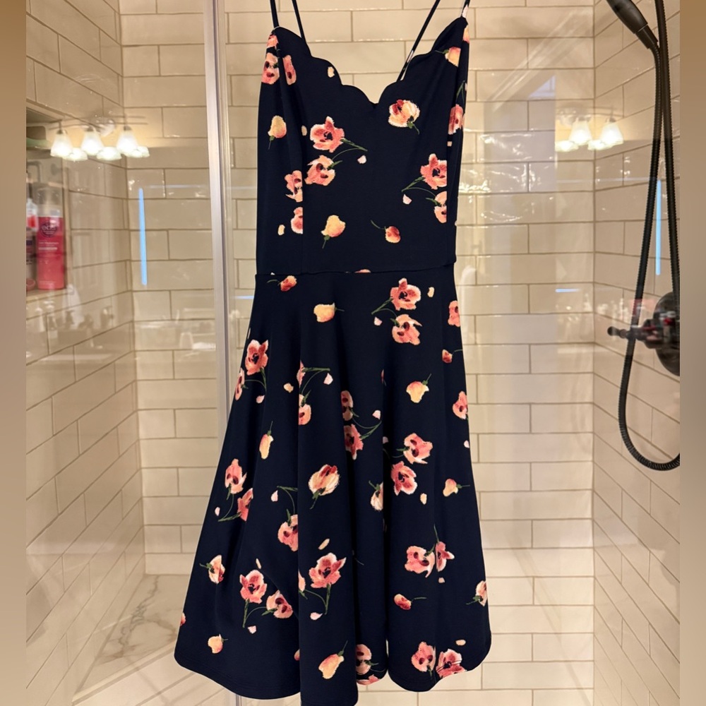 Navy and floral dress with cross cross straps